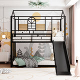 Merax Twin Over Twin Metal House Bunk Bed Frame with Slide, No Box Spring Needed, Black Merax