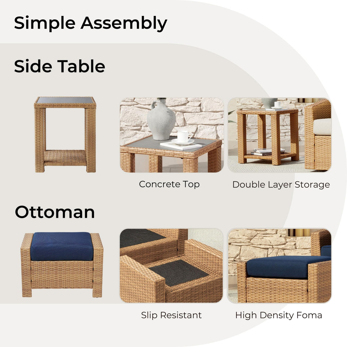 CHITA 5 Pieces Wicker Patio Furniture Set, Outdoor Conversation Set with 2 Pieces Rattan Swivel Chairs, 2 Pieces Ottomans, Thickened Cushions and Side Table, Blue Cushions with Brown Wicker CHITA