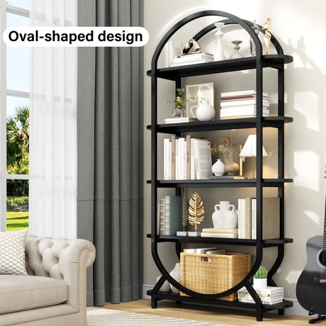 Semoic Tall Bookshelf Arched Bookcase, Modern 5-Tier Book Shelves with Storage Organizer - Industrial Curved Freestanding Open Display Shelving Unit for Living Room, Library, Home Office, Black Semoic