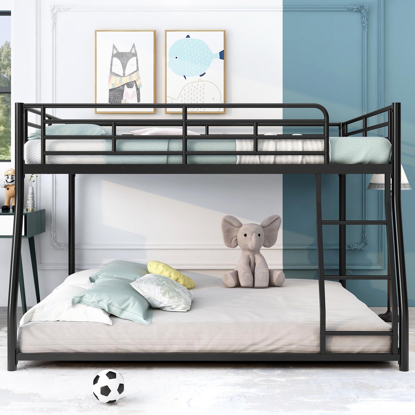 Harper & Bright Designs Metal Bunk Bed Full XL Over Queen, Floor Bunk Bed with Ladder & Safety Guardrail, Montessori Floor Bed Frame Bottom Bunk for Kids Boys Girls, No Box Spring Needed, Black