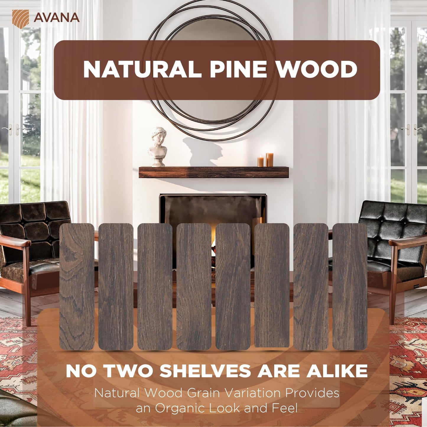 Avana Fireplace Mantel Shelf 48 inches - Natural Mantles for Over Fireplace - Wall Mounted Fireplace Mantels, Handcrafted Wood Mantle Mount, Rustic Brown Floating Mantle Shelves - 48 X 8 X 3 Inch