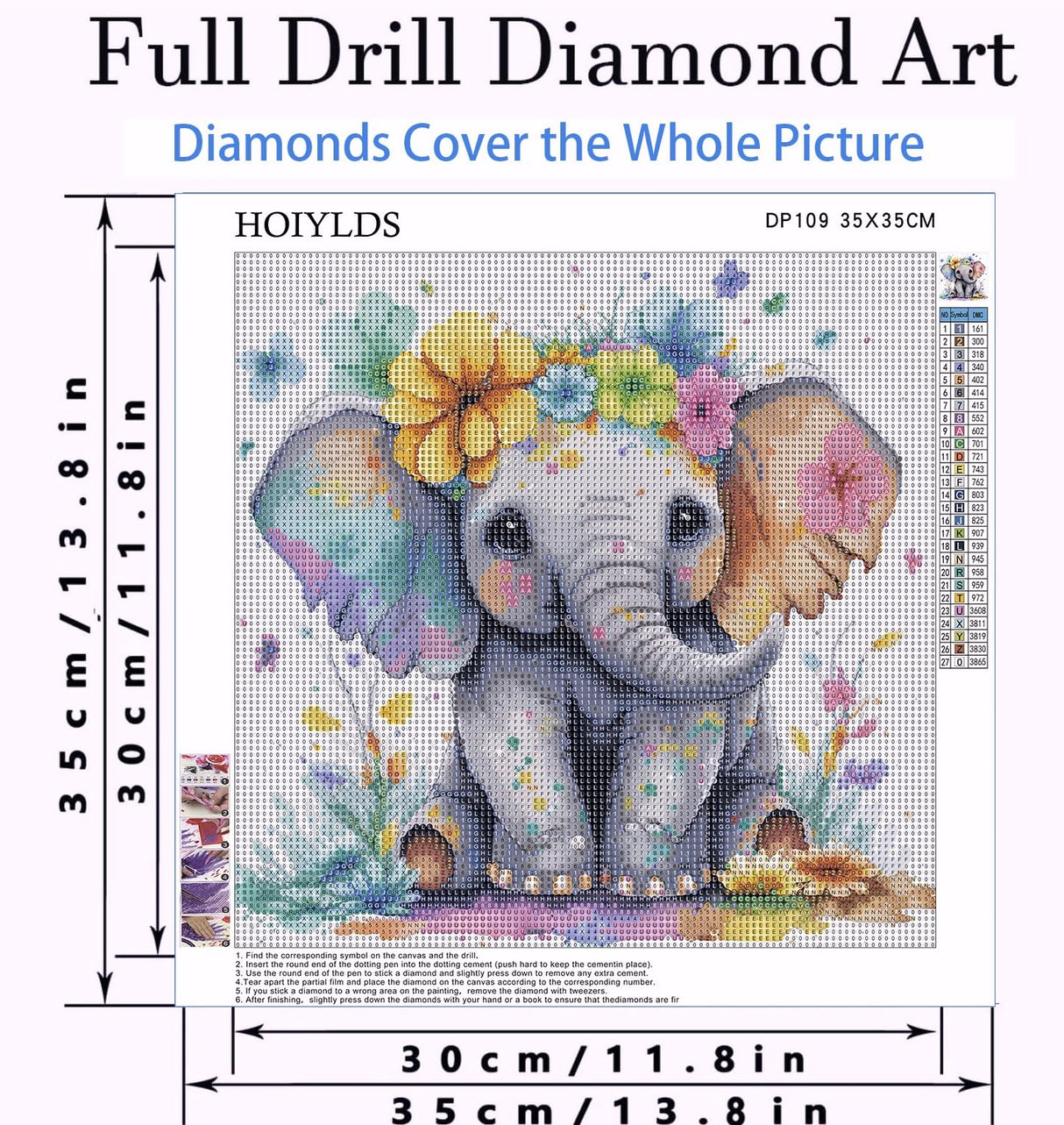 Cute Elephant Diamond Art Painting Kits for Adults - Round Full Drill Diamond Dots Paintings for Beginners, 5D Paint with Diamonds Pictures Gem Art Painting Kits DIY Crafts Project Kits 14x14inch HOIYLDS