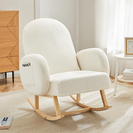 Jocoevol Upholstered Rocking Chair, Glider Chair with Side Pocket, Rocking Accent Chair with Rubber Wood Legs, Wooden Nursery Rocking Chair for Living Room, Bedroom, Nursery Jocoevol