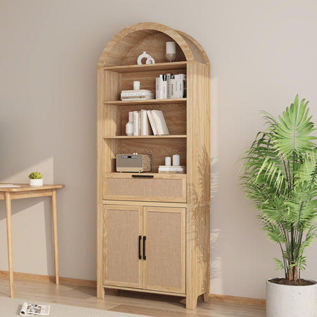 79" Tall Arched Bookcase with Storage, Mid Century Modern 6-Tier Cabinet with Door and Drawer, Arched Bookshelf with Open Display Shelf for Office Living Room (Natural, 79inch-Doors) Janmer Home