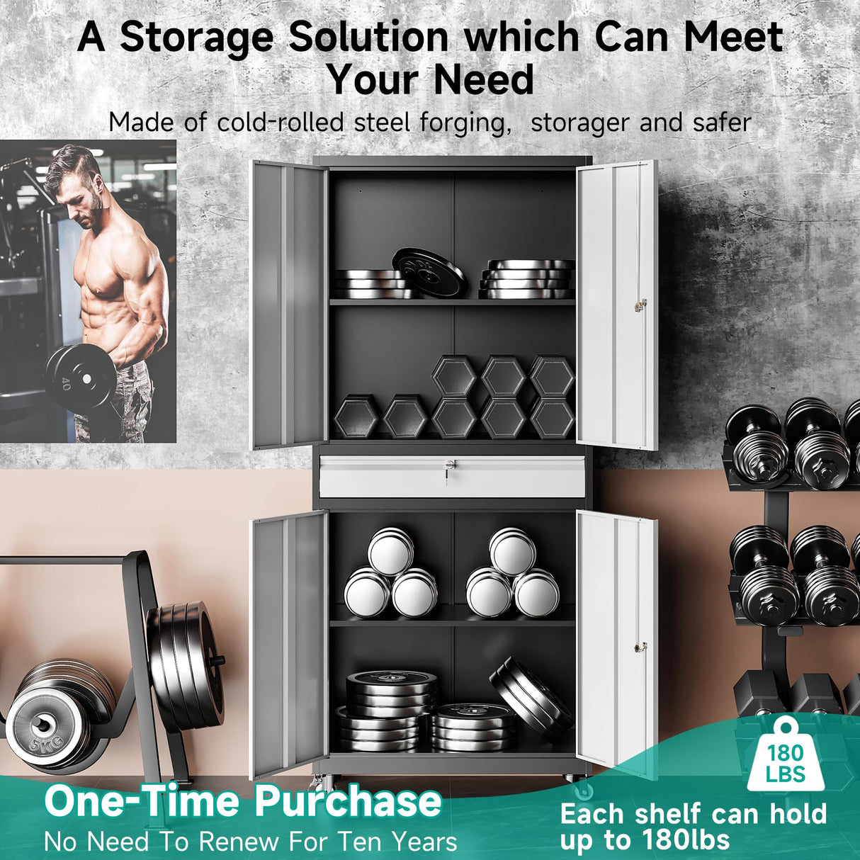 Metal Garage Storage Cabinet with 4 Wheels and 1 Drawer,Gray Rolling Garage Cabinet with Locking Doors and Adjustable Shelves,73" Mobile Tall Large Metal Storage Cabinet for Home,Office,Garage,Shop SISESOL