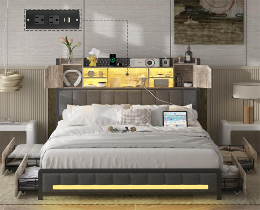 Full Size Heavy Duty Metal Bed Frame with Bookcase Headboard, LED Lights, Charging Station & Storage Drawers in Charcoal Gray - WoodArtSupply