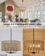 LASENCHOO 5 Lights Rattan Wicker Drum Chandeliers for Dining Room, Dia 19" Drum Pendant Light Fixture Hanging Boho Chandelier for Living Room Kitchen Entryway Hallway Bedroom, Height Adjustment LASENCHOO
