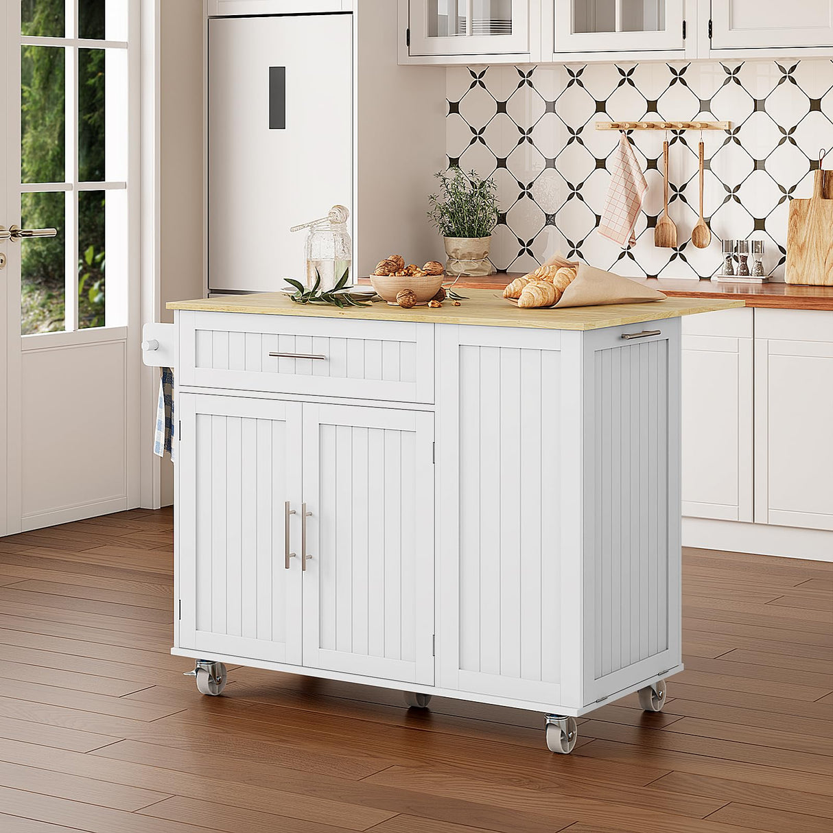 OtterOasis Kitchen Island with Storage, 31.5" D Rolling Kitchen Island Cart on Wheels with Widen Drop Leaf Rubberwood Top, Large Mobile Kitchen Island with Trash Can Storage and Towel Bar, White OtterOasis