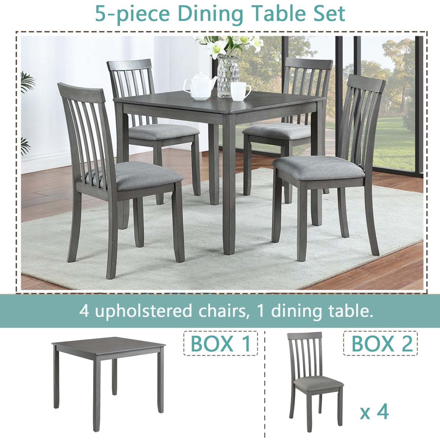 LUMISOL 5 Piece Dining Table Set, Farmhouse Style Kitchen Table Set with a Square Table and 4 Upholstered Chairs, Solid Wood Table and Chairs Set for Kitchen, Dining Room, Grey - WoodArtSupply