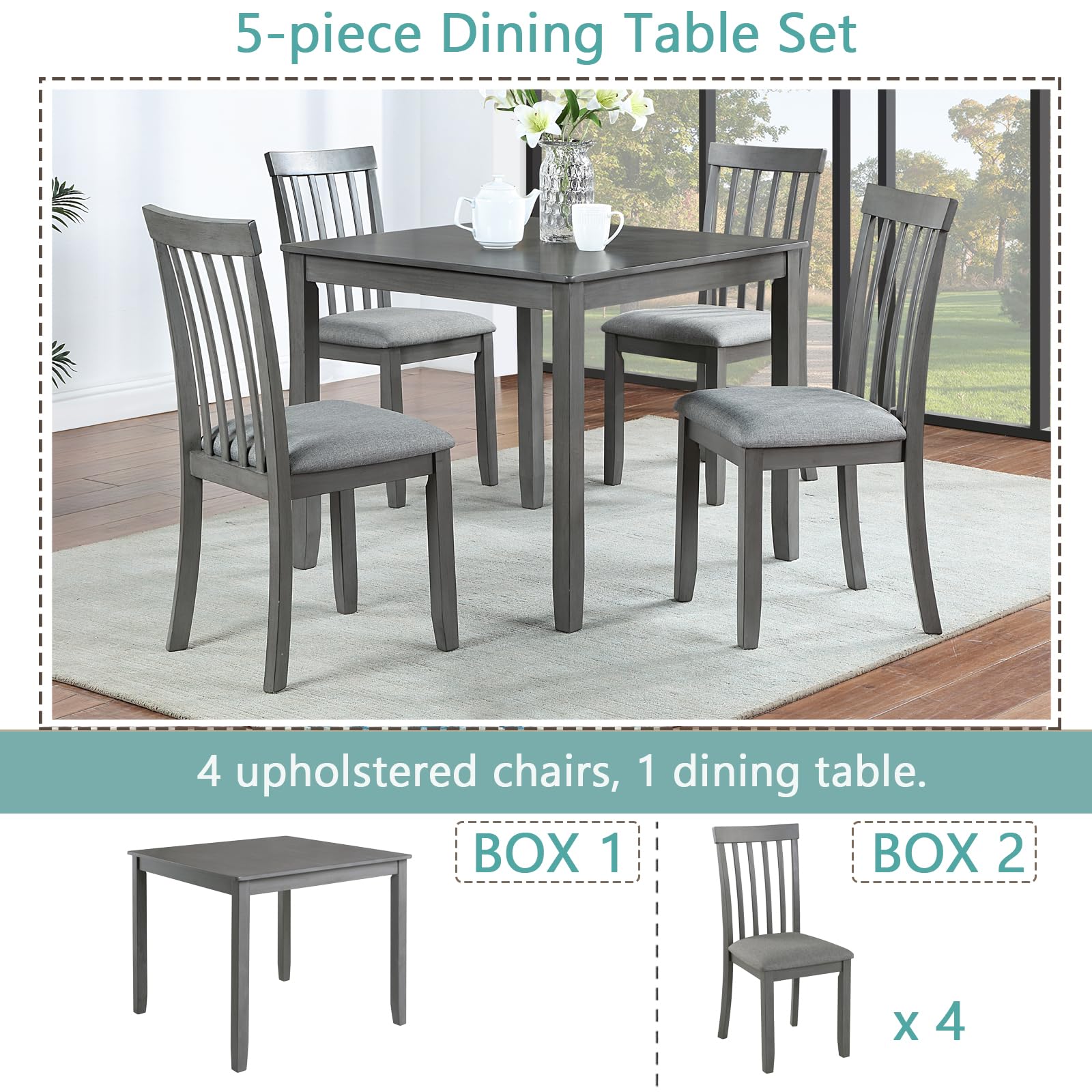 LUMISOL 5 Piece Dining Table Set, Farmhouse Style Kitchen Table Set with a Square Table and 4 Upholstered Chairs, Solid Wood Table and Chairs Set for Kitchen, Dining Room, Grey - WoodArtSupply