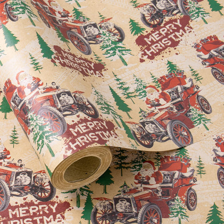 LeZakaa Kraft Christmas Wrapping Paper Roll, Santa Driving Vintage Red Car with Christmas Trees, Rustic Holiday Gift Wrap for Men Adults Kids, Xmas Winter Wonderland, Mini Roll 17 in x 16.4 Ft LeZakaa