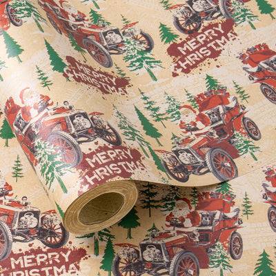 LeZakaa Kraft Christmas Wrapping Paper Roll, Santa Driving Vintage Red Car with Christmas Trees, Rustic Holiday Gift Wrap for Men Adults Kids, Xmas Winter Wonderland, Mini Roll 17 in x 16.4 Ft