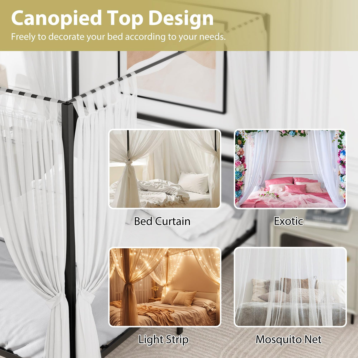 Nouva 14 Inch Metal Canopy Bed Frame Queen Size - Heavy Duty Metal Four Posters Bed Platform w/Headboard No Box Spring Needed, Slat Mattress Support,Noise Free, Black Nouva