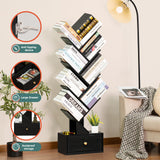 SHEEPAM 8-Tier Tree-Shaped Bookshelf with Drawer - Space-Saving Black Wood Bookcase for Home & Office SHEEPAM