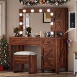 YITAHOME Farmhouse Vanity Makeup Desk with Charging Station, Large Vanity Desk with Lights Mirror and Drawers for Makeup, Modern Vanity Table Set with Vanity Stool for Bedroom, Rustic Brown YITAHOME