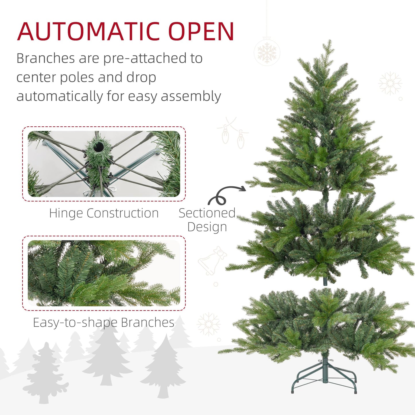 HOMCOM 5ft Artificial Christmas Tree with 1309 Tips, Foldable Metal Stand, Easy Assembly, Hinged Xmas Tree for Home Office Holiday, Green