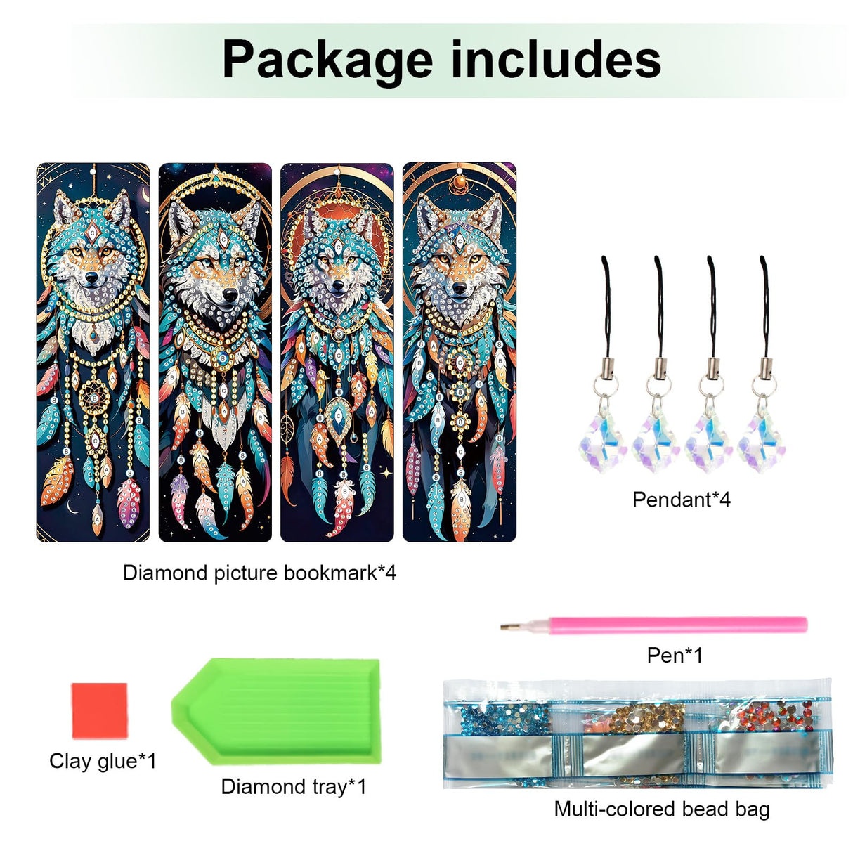 4 Pack Diamond Painting Bookmark Kits Blue Wolf Dreamcatcher, Special Shaped Diamond Art Bookmarks with Pendant, DIY Handmade Crafts Home Office Supplies Reading Bookmark, Perfect Gift for Book Lovers Focart