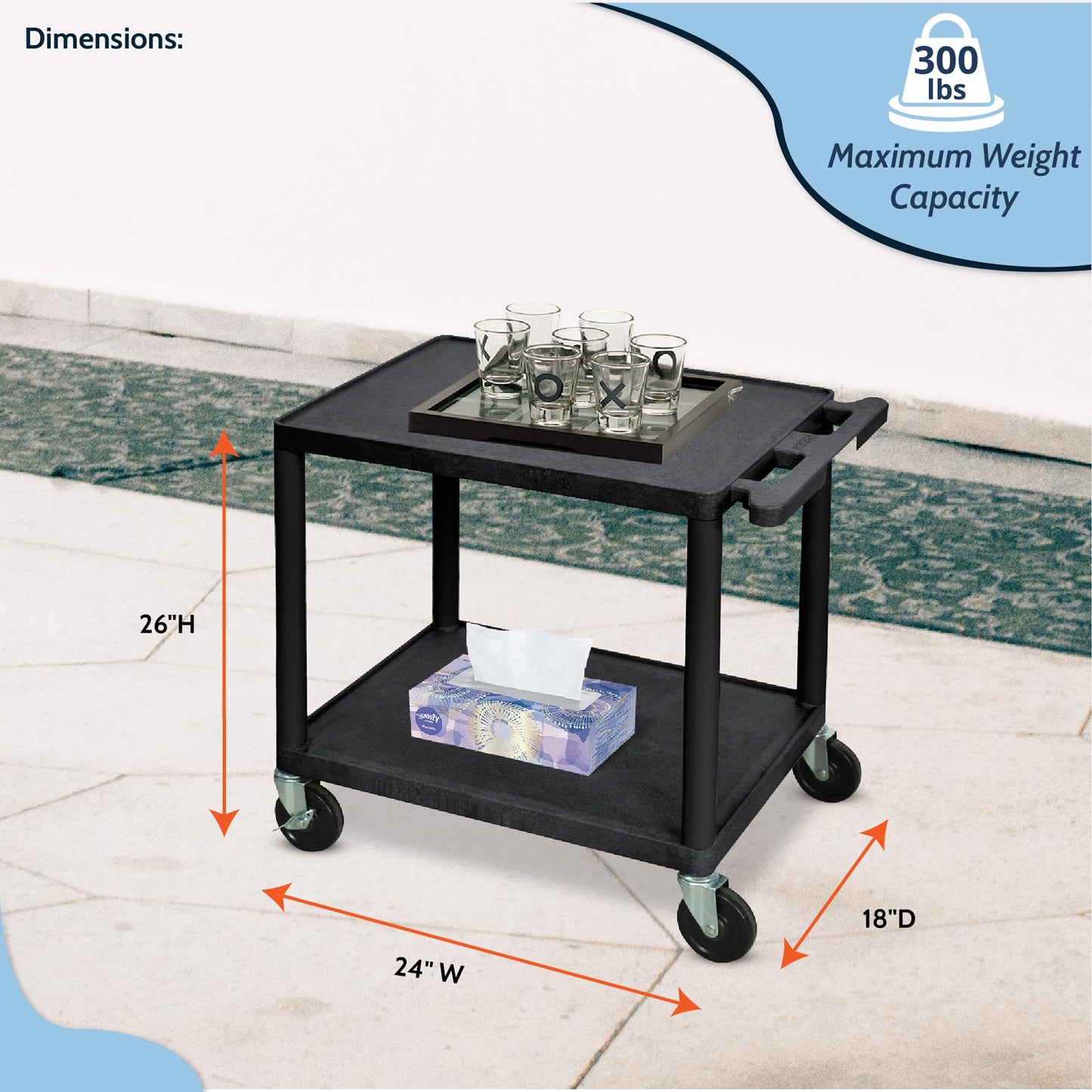 LUXOR LP26-B 26"H AV Cart with Two Shelves, 300 lbs. Capacity, Made of Recycled Molded Plastic, Scratch, Dent, Rust and Stain Resistant