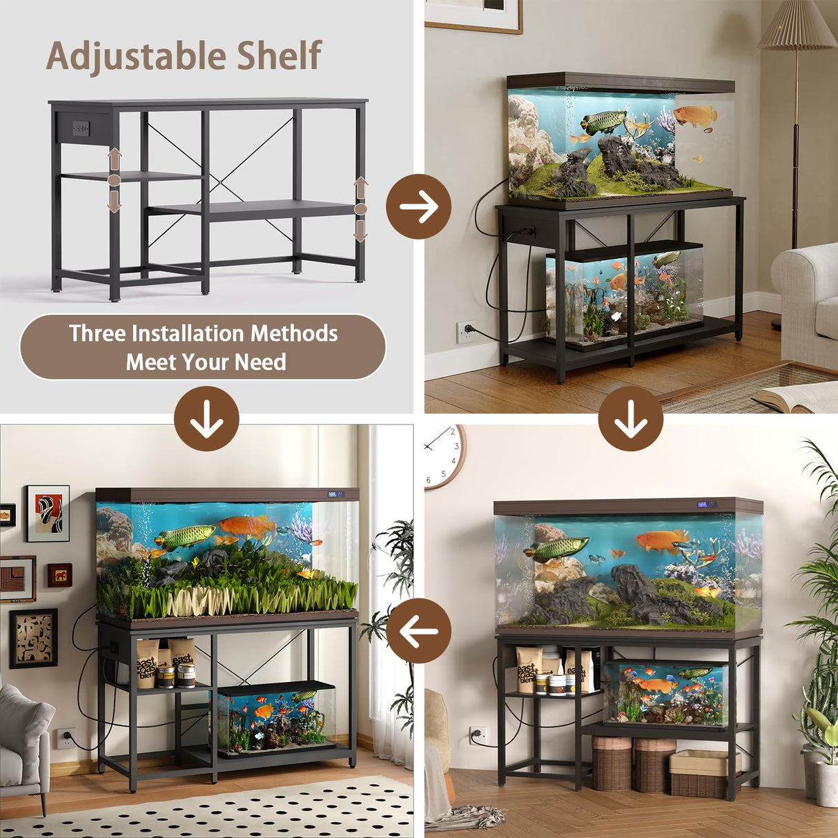 BEURUKU 55-75 Gallon Fish Tank Stand with Power Outlet & LED Light, Metal Aquarium Stand with 3 Tier Adjustable Storage Shelves, Tank Stand for Reptile Tank, Turtle Tank, 52" L*19.5" W, Black BEURUKU