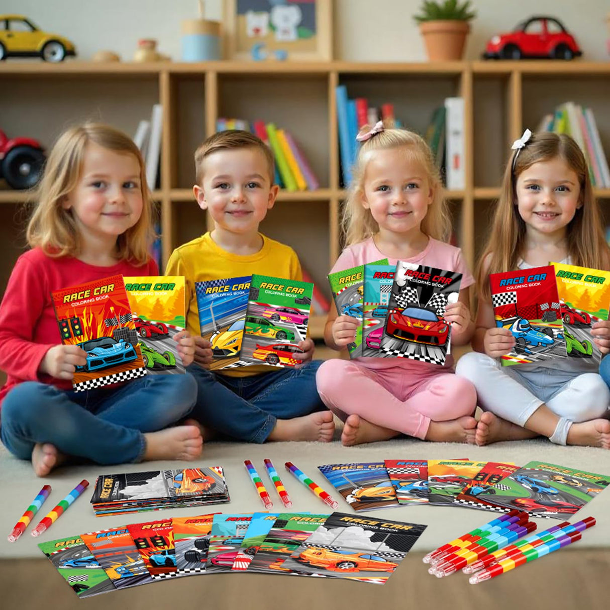 BenLouis 24 Race Car Mini Coloring Books Kids with 24 Stacking Crayons Racing Theme Party Favors Activity Books Bulk for Kids Fast Racecar Wheel Birthday Goodie Bag Gift Stuffer Classroom Reward BenLouis