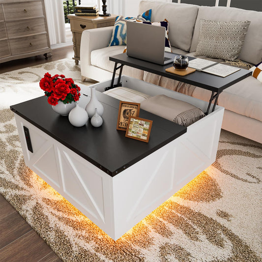 36" Lift Top Coffee Table with Storage, Square Coffee Table with LED Light & Power Outlets for Living Room, Farmhouse Coffee Table with Large Hidden Storage Compartment Black