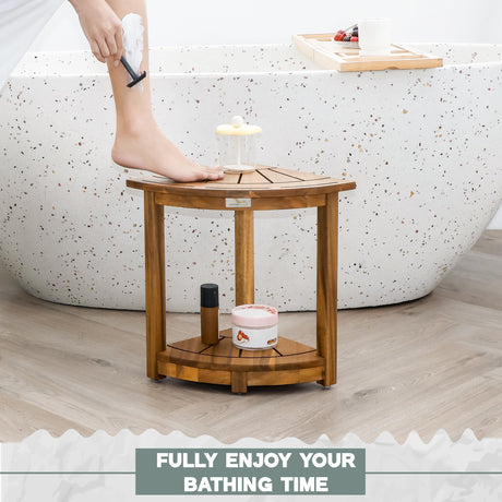 VICTORY RELAX Acacia Corner Shower Stool, Waterproof Spa Foot Rest & Bath Bench with Storage Shelf & Soap Dish, Ideal for Bathroom, Shaving Legs, or as Small Corner Table/Step Stool (Natural) VICTORY RELAX