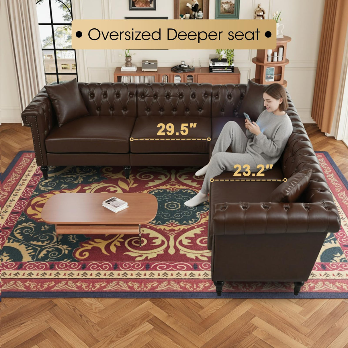 Kvutx 99.4" X 99.4" L Shaped Couch Faux Leather Sectional Couch with Three Pillows Chesterfield L Shaped Sofa 5 Seat PU Leather Sectional Couches for Living Room Brown Kvutx