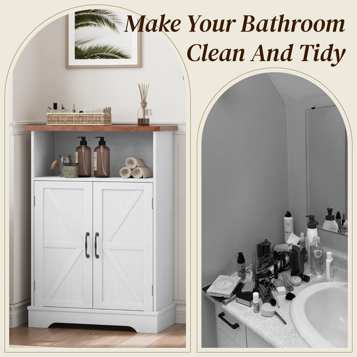 Smuxee Freestanding Cabinet Organizer, Farmhouse Style with Barn Door and Adjustable Shelf, White, for Bathroom, Kitchen, Living Room Smuxee