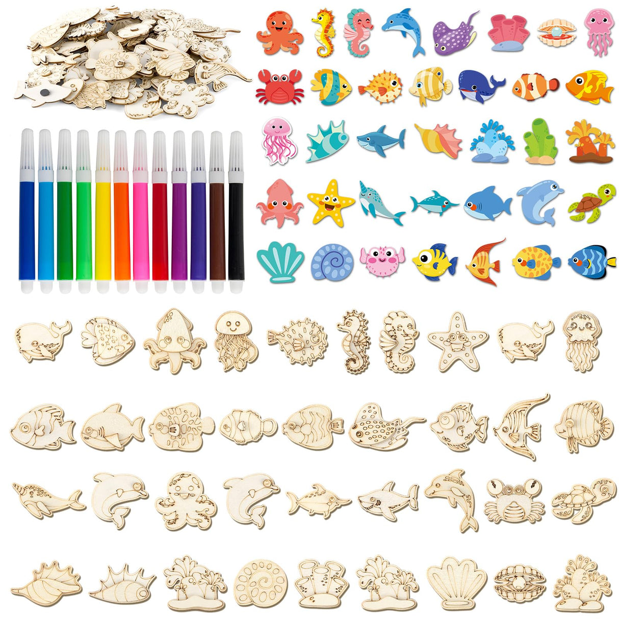 gisgfim 36Pcs Wooden Magnet Painting Craft Kit DIY Wooden Ocean Animal Magnets Coloring Arts Crafts for Kids Ages 4-8 8-12 for Birthday Party Gift Toys Sea Animal Craft Creativity Supplies Party Favor gisgfim