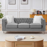 Homies Life 83" Chesterfield Sofa, Velvet Mid-Century Modern Upholstered Couch with 2 Throw Pillows and Acrylic Legs, Nailhead Button Tufted Vintage Sofa for Living Room, Apartment, Office, Grey Homies Life