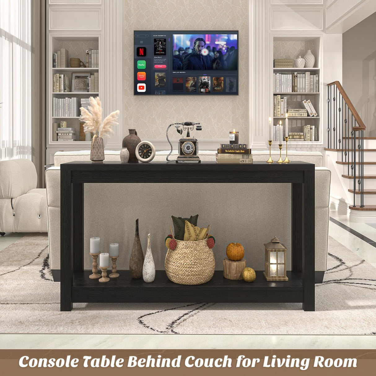 Besiost 47" Farmhouse Wood Entryway Table Narrow Console Table with Storage Behind Couch Sofa Table with Shelves Entry Way Table with Open Storage, Easy Assembly, Embossed Wood Grain Black Besiost