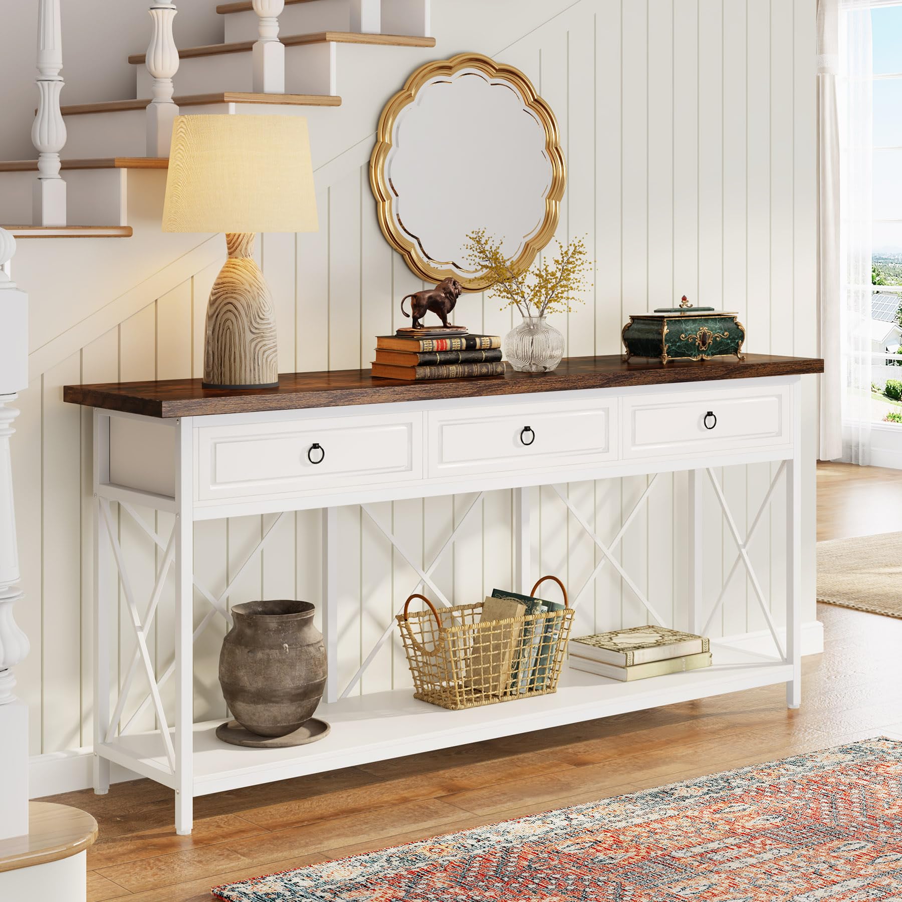 Tribesigns 70.8" Console Table with 3 Drawers, Farmhouse Entryway Table with Storage Shelf, Narrow Long Sofa Foyer Table for Entryway, Hallway (White/Brown) - WoodArtSupply