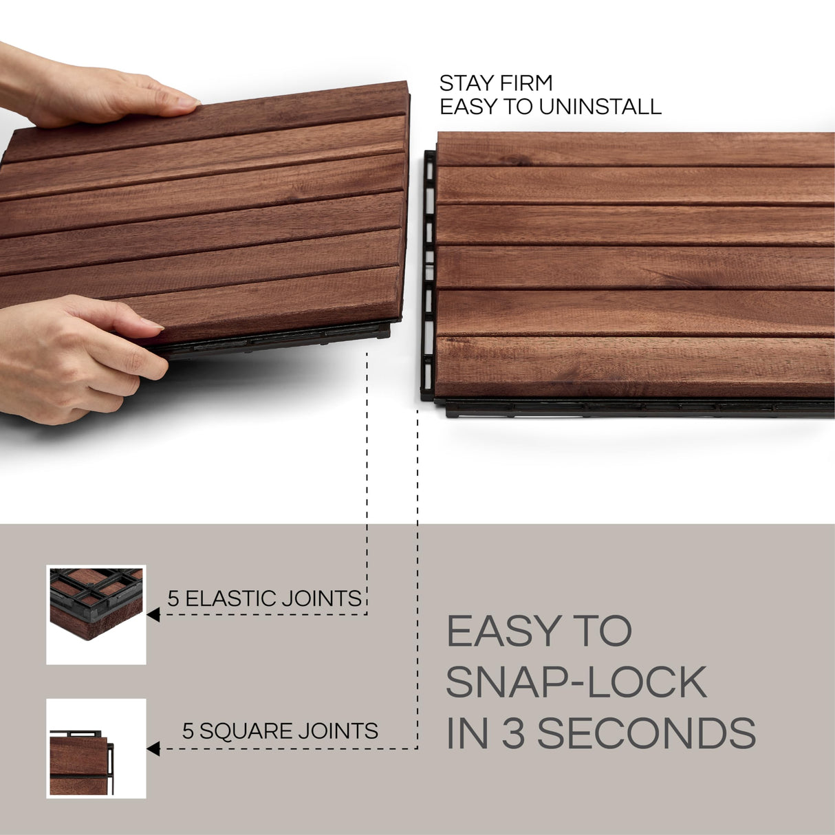 THYOI 10PCS 6 Slats Wood Deck Tiles, 12"x12" Interlocking Deck Tiles, Water Resistant for Indoor & Outdoor, Balcony Flooring, Square Joint (Dark Brown - Normal Base) THYOI