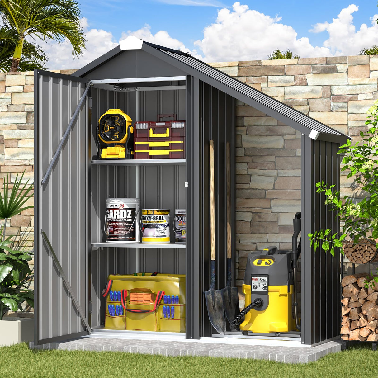 AECOJOY Outdoor Storage Cabinet Waterproof with Shelves and Lean to Open-Sided Firewood Racks, Vertical Tall Garden Storage Sheds, Garden Sheds & Outdoor Storage Cabinet Weatherproof for Patio AECOJOY