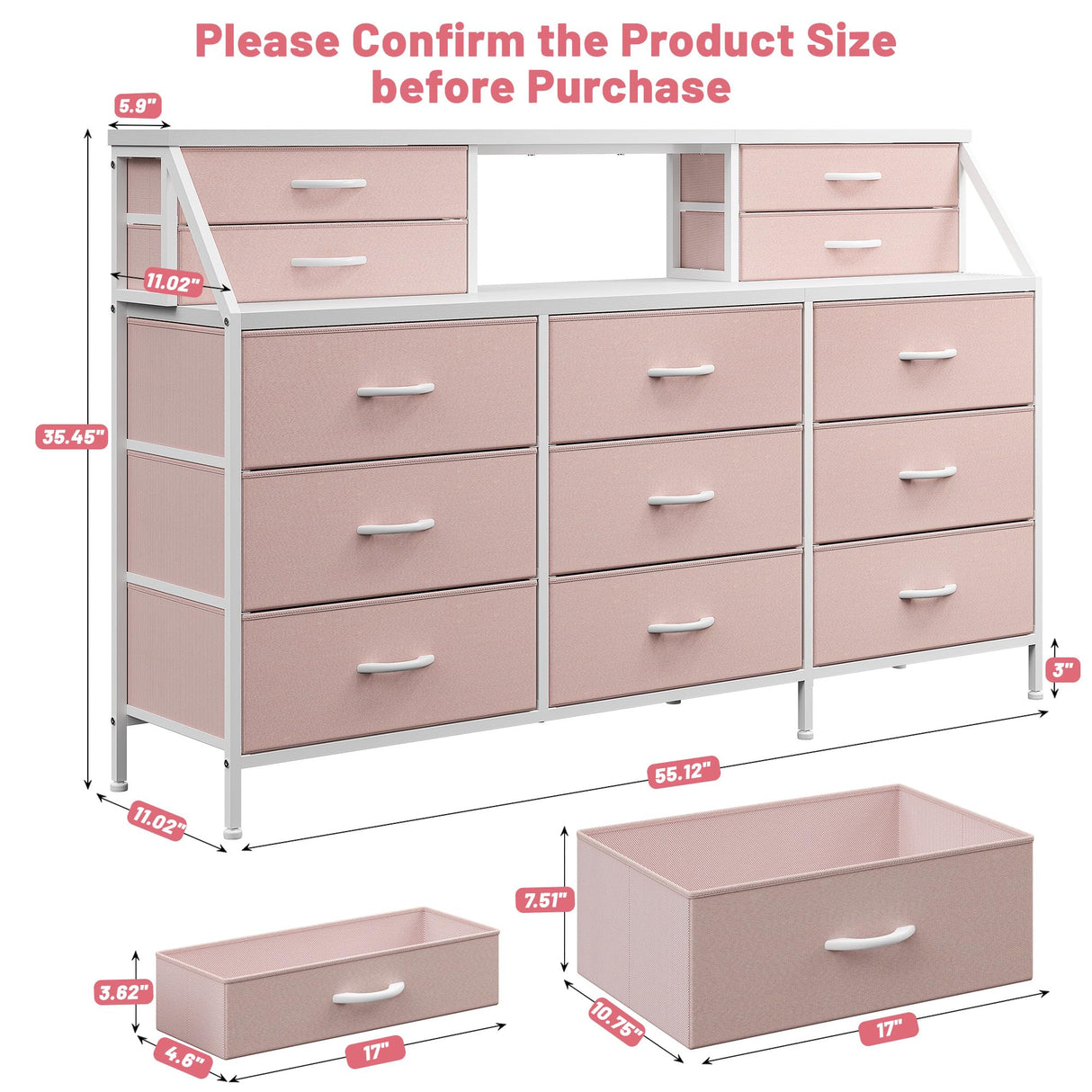 EnHomee 55”W Dresser for Bedroom, Pink Dresser for Bedroom, Dresser with 13 Large Drawer, Dressers & Chests of Drawers, Bedroom Dresser with 2 Shelves, Long Dresser for Closet EnHomee