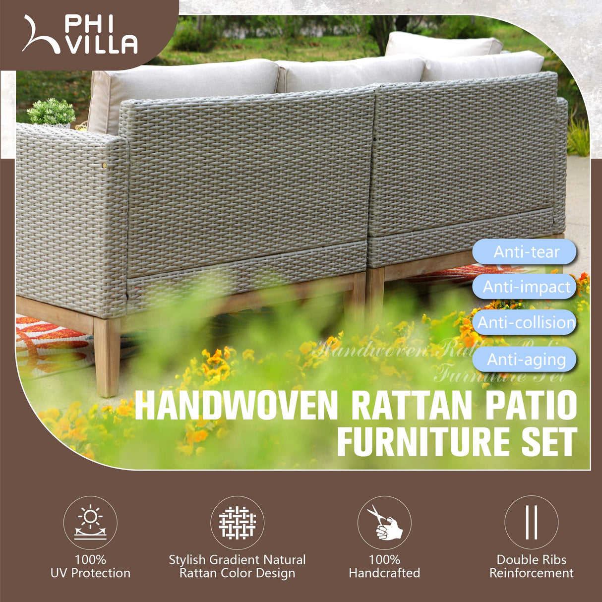 PHI VILLA 5-Piece Patio Wicker Furniture Set, Outdoor Sectional Rattan Cushion Sofa Couch Conversation Set with Ottoman, Acacia Wood Coffee Table for Poolside,Beige PHI VILLA