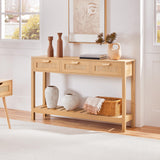 Yaheetech Rattan Console Table, Boho Entryway Table with Storage Drawers and Shelf, Long Hallway Table Foyer Table Sofa Table for Living Room, Corridor and Hallway, Natural Wood Yaheetech