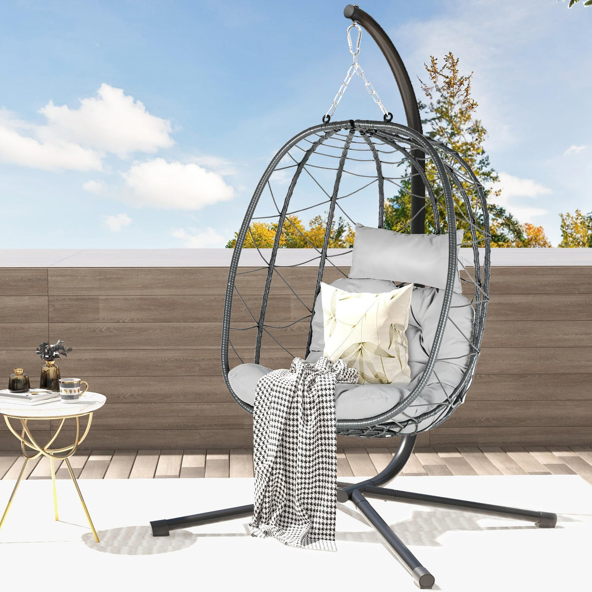 DWVO Egg Hanging Swing Chair with Stand Egg Chair Wicker Egg Chair with Cushions 330lbs for Patio, Bedroom, Garden and Balcony, Gray DWVO