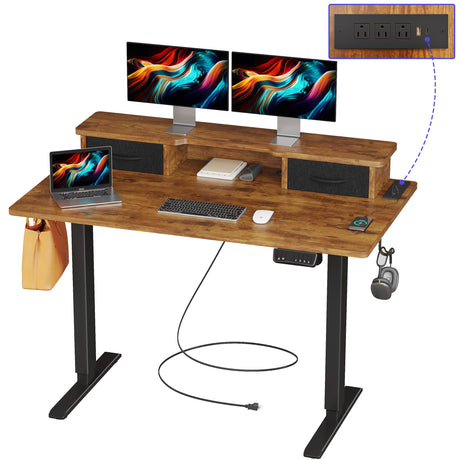 JOISCOPE 48 Inch Electric Standing Adjustable Height Desk with Double Drawer, Home Office Computer Gaming Desk with Storage Shelf and Power Outlets, Sit Stand Desk, Vintage Oak JOISCOPE
