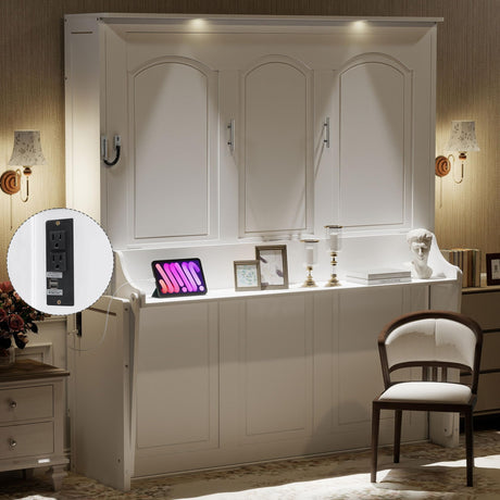 SOFTSEA Queen Size Murphy Bed with Desk, Hideaway Wall Bed with LED Lights and USB Charging Station, Folding Bed Frame for Small Space, Guest Room, Bedroom, Office, White SOFTSEA