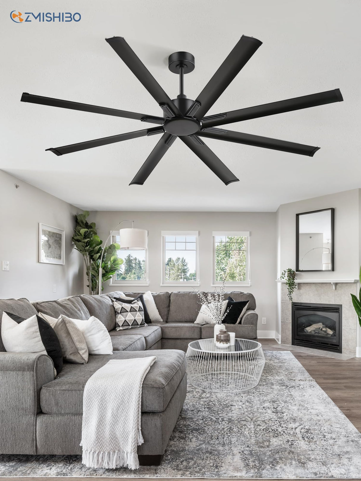 ZMISHIBO 72 Inch Ceiling Fan No Light, Large Black Ceiling Fan with Remote, Quiet DC Motor, and 6 Speeds, Indoor/Outdoor Industrial Ceiling Fans 8 Aluminum Blades for Patio, Garage, Shop, Black ZMISHIBO