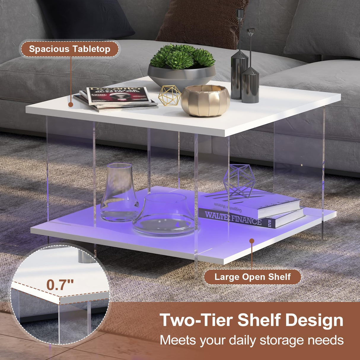 HedoAjim 24" Acrylic Coffee Table with White Wood Tabletop, Minimalist Stylish Modern Square Center Table for Living Room,Led Living Room Table with Storage Shelf & Acrylic Frame for Small Space HedoAjim