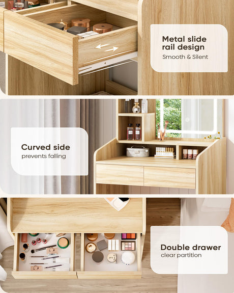 LIVELYGLOW Small Vanity Desk Set with Square Mirror and Light- Vanity Desk with Drawers- Wood LIVELYGLOW