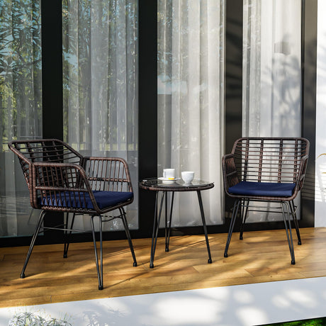 MaxMulti 3 Piece Wicker Patio Bistro Set, Outdoor Conversation Sets with 2 Rattan Patio Chairs and 1 Side Table, Rattan Patio Furniture for Balcony, Deck, Apartment Use (Blue) MaxMulti