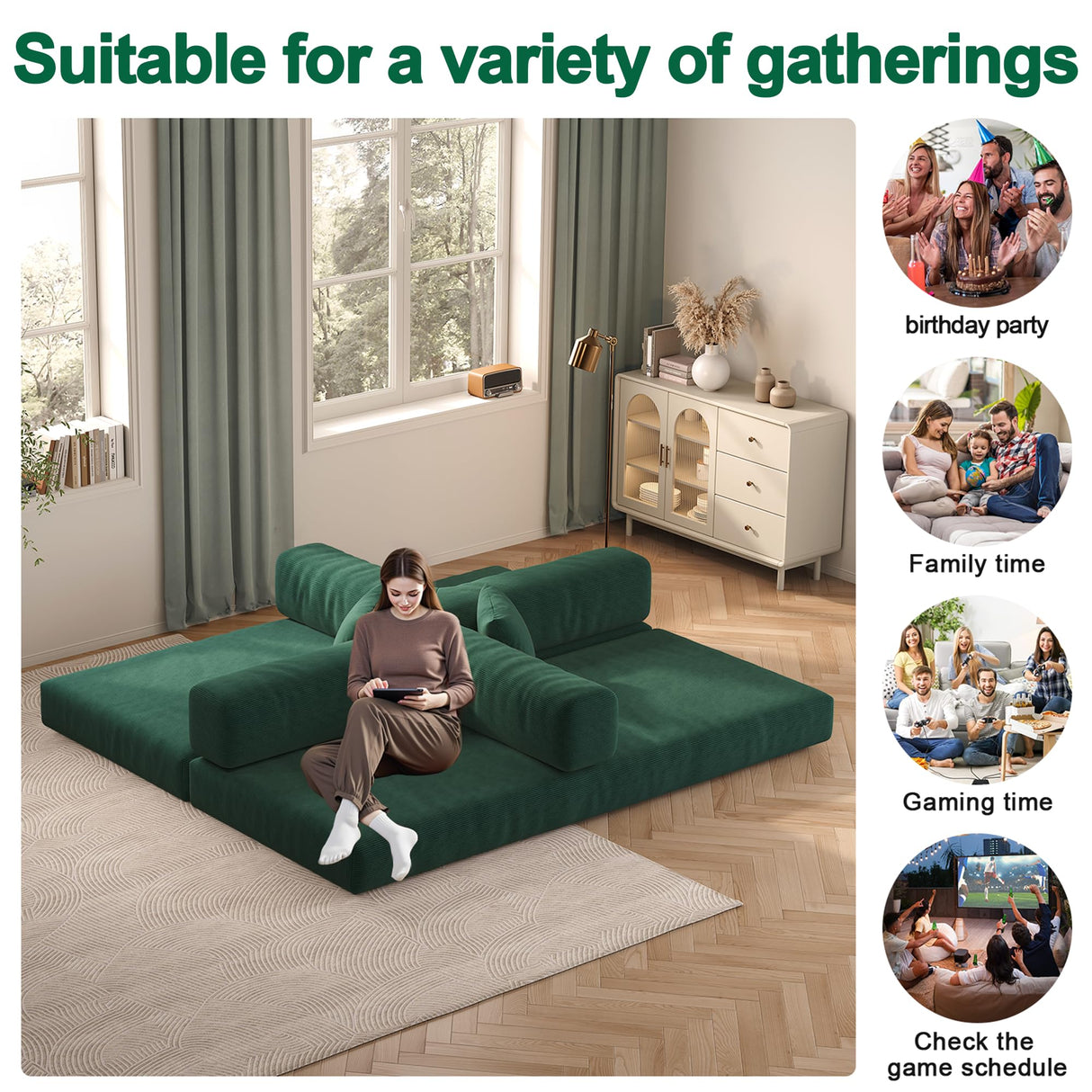 Carzzi-Life 79" Convertible Sofa Bed with Pillows, Corduroy Folding Sleeper Sofa with Fixed-Shape Frame, Boneless Couch for Living Room Bedroom, Floor Sofa Lounge No Assembly Required (Green) Carzzi-Life