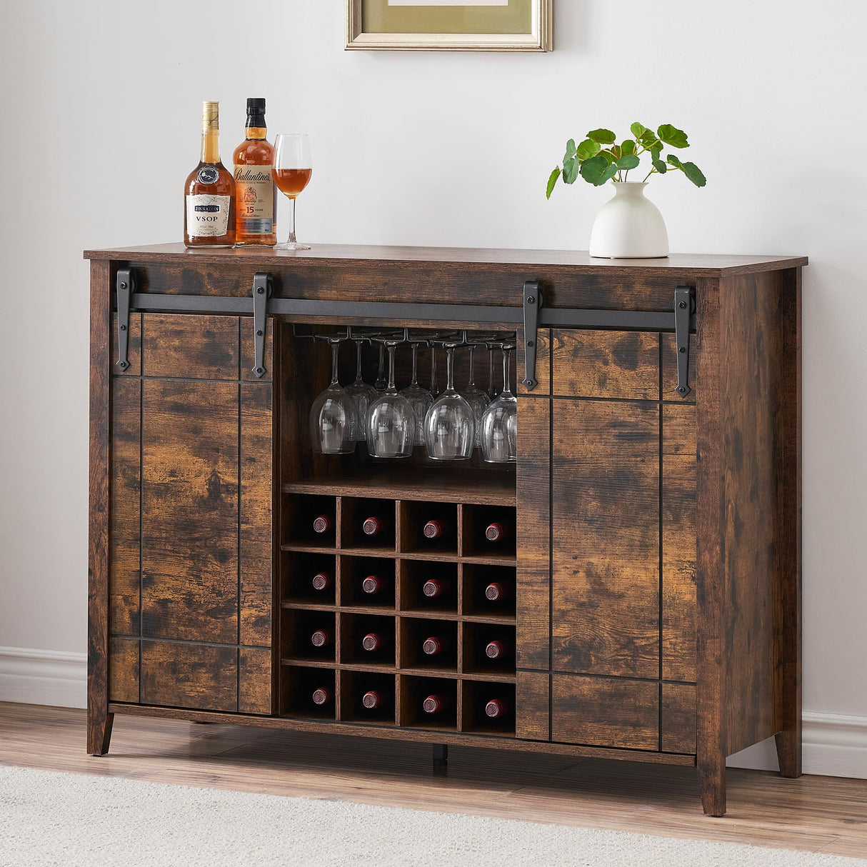 Garvee 47 in Wine Bar Cabinet Modern Liquor Whiskey Coffee Station with 16 Wine Rack and Glass Holder, Farmhouse Buffet Sideboard with Sliding Barn Door Storage for Living Dining Room, Rustic Brown Garvee