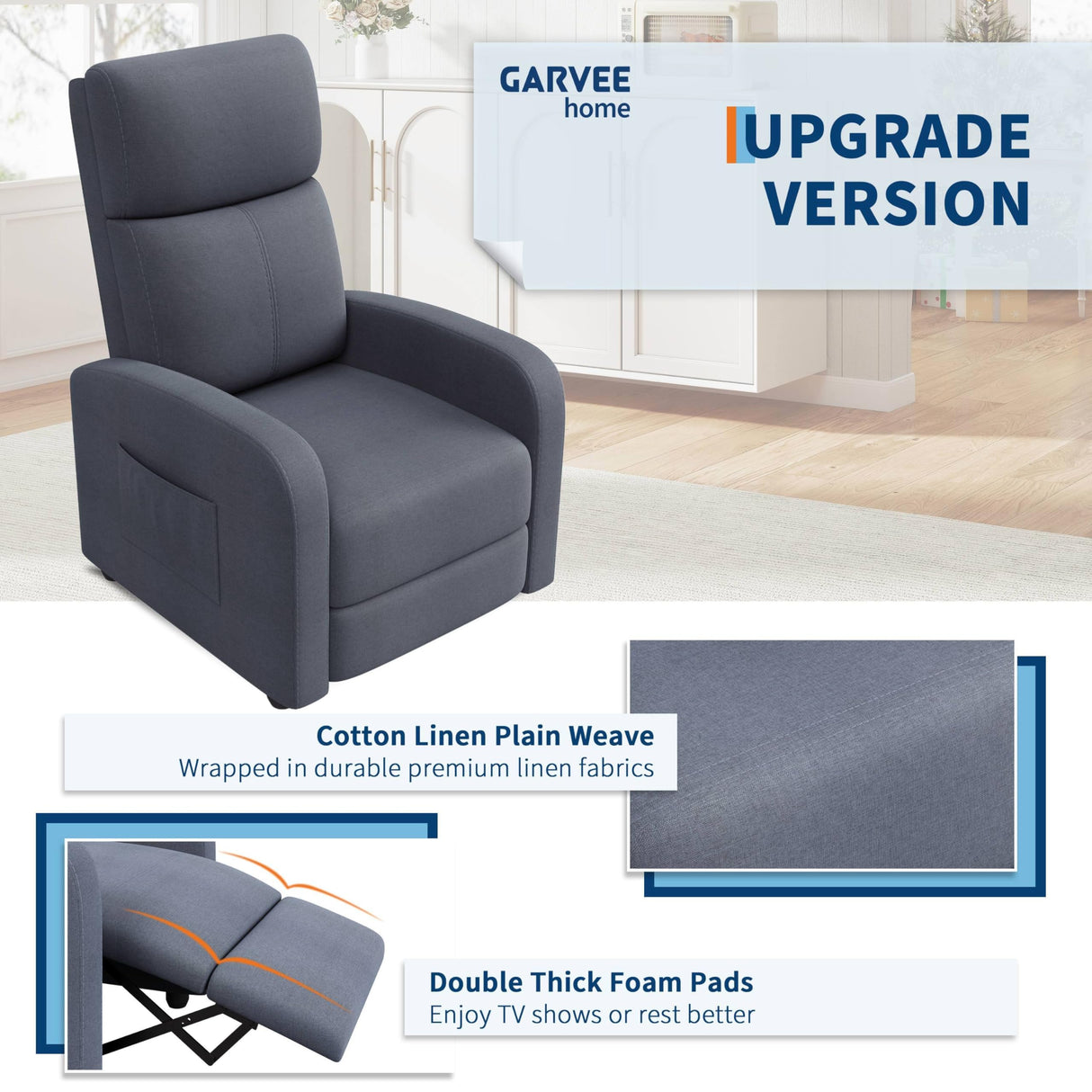 Garvee Recliner Chair for Adults, Lazy Recliner Ergonomic Adjustable Single Sofa Enhanced with Side Pocket, Tall Back, Wide Arms & Padded Seat, Home Theater Seating for Living Room Garvee