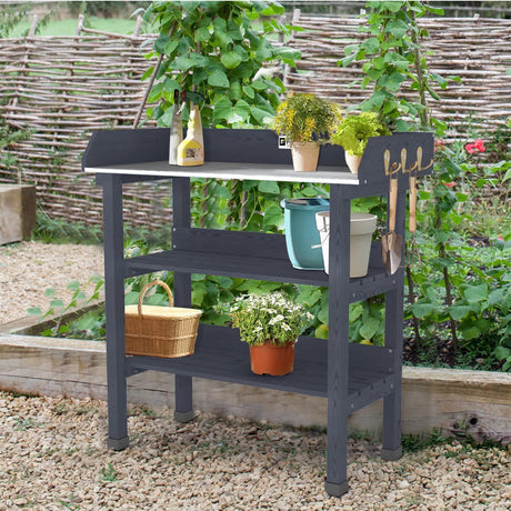 Elevens Potting Bench Tables Outdoor, Potting table Garden Work Station Metal Tabletop Solid Wood Planting Bench with 2 Tier Storage Open Shelf (4 Feet/Grey) Elevens