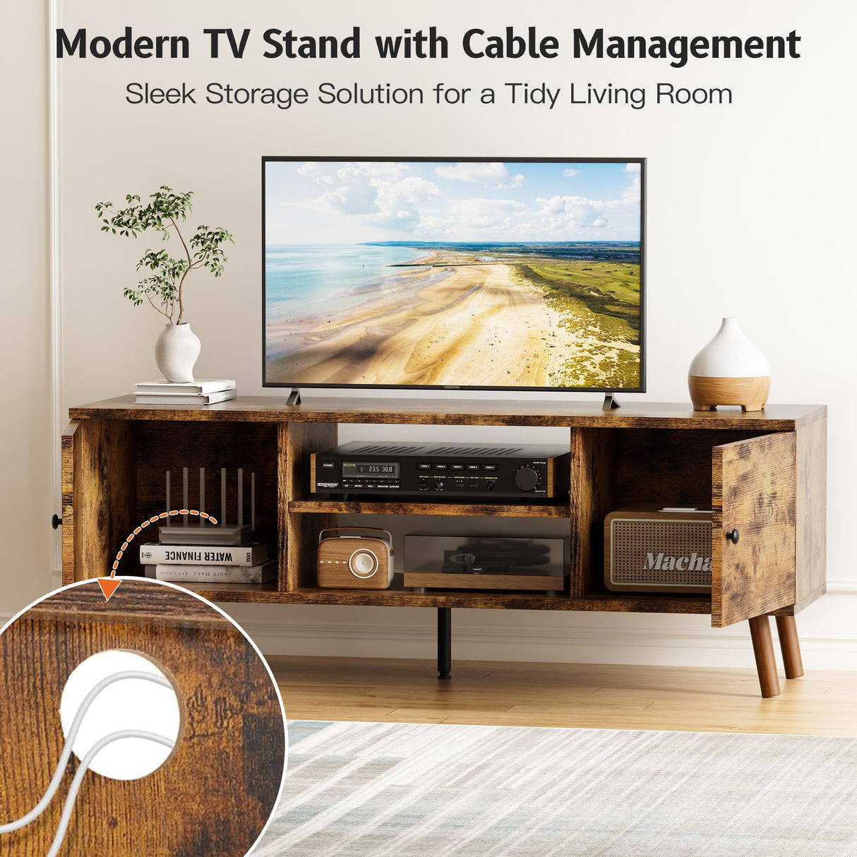 Simple Deluxe TV Stand for 55 60 inch TV, Entertainment Center with Storage Cabinet, Media Console Table 2 Cabinet, Soft Hinge, Handle Door, Wooden Living Room, Office Furniture, Brown Simple Deluxe