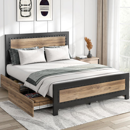 Keyluv Queen Size Bed Frame with 4 Storage Drawers, Rivet Modern Headboard and Footboard Platform Bed with Solid Wood Slats Support, No Box Spring